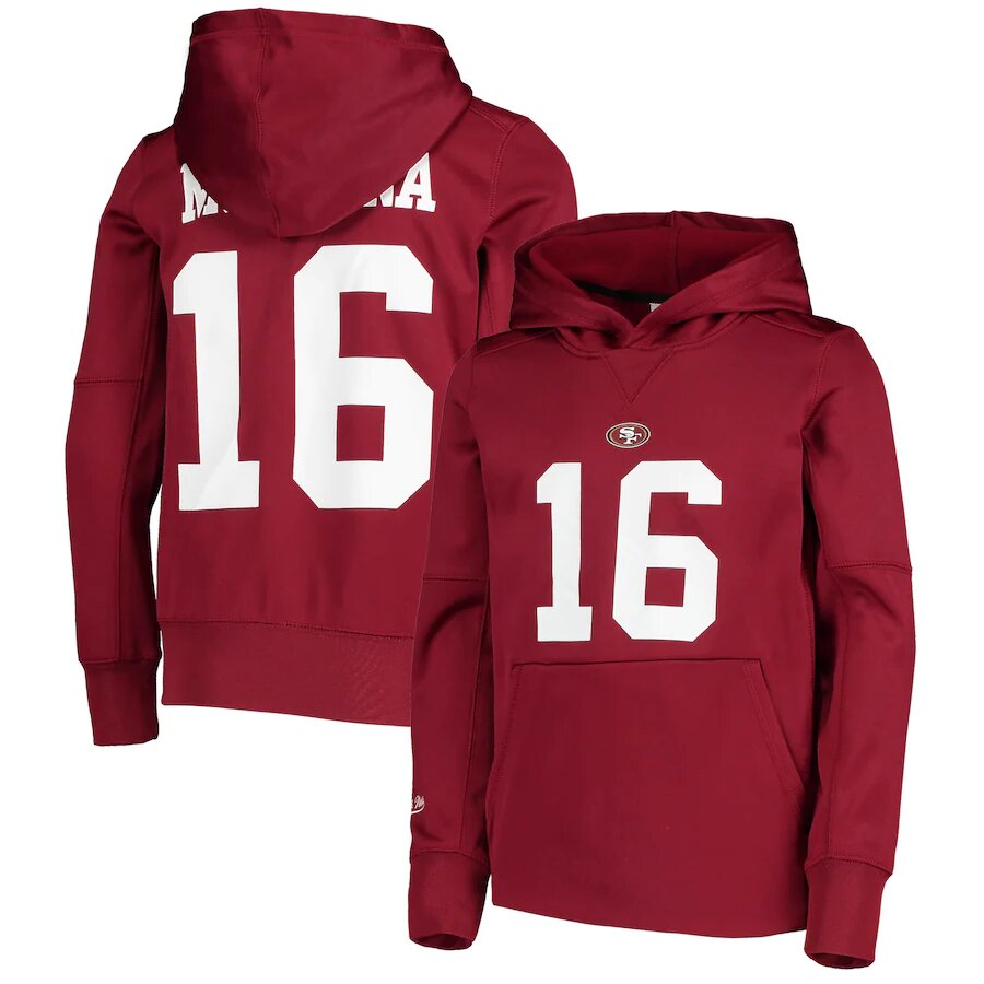 Youth San Francisco 49ers Joe Montana Mitchell & Ness Scarlet Retired Player Name & Number Pullover Hoodie